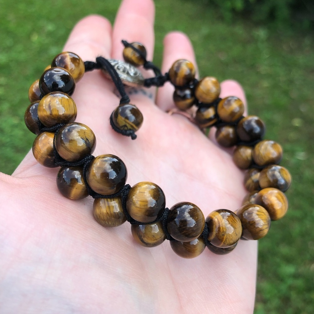 Men's Double Layer Tiger Eye Adjustable Bracelet - Macrame Knotted - Picture 6 of 17
